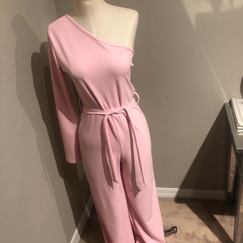 Baby pink one shoulder jumpsuit